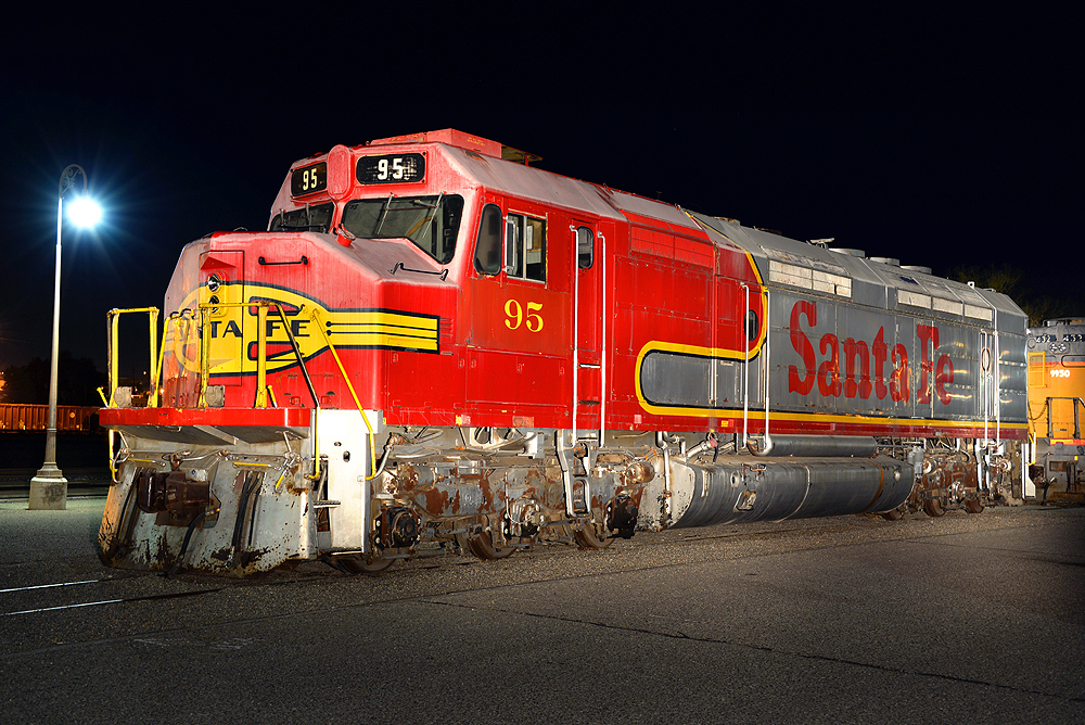 Diesel locomotive at night.