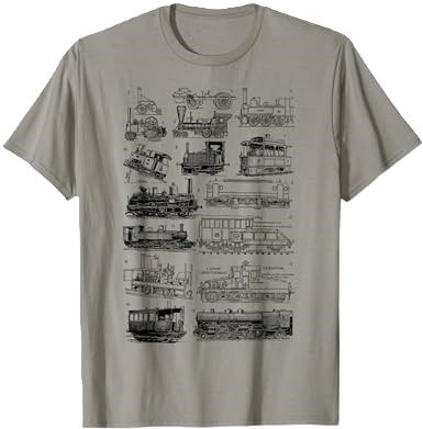 train shirt with different kinds of trains and blue prints.