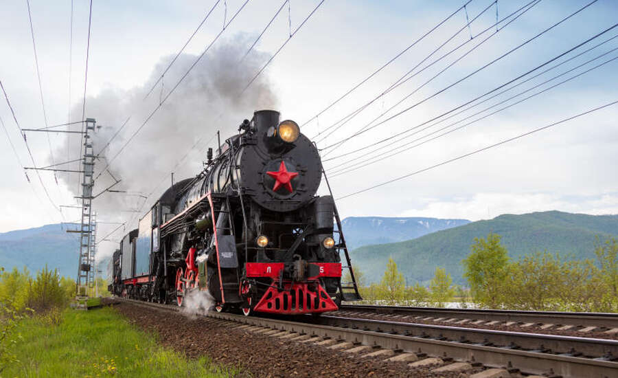 Steam train riding the rails of the Trans-Siberian Railway.